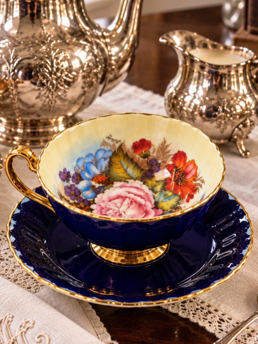 RARE Aynsley Signed J.A. Bailey 'Cabbage Rose' Tea Cup & Saucer in Cobalt Blue